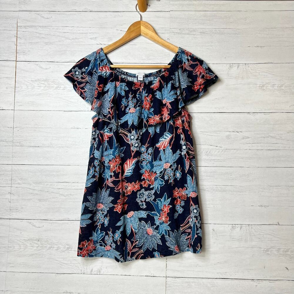 J Jill Blouse Womens Size Small Red, White & Blue Floral 100% Linen Sarasa Top